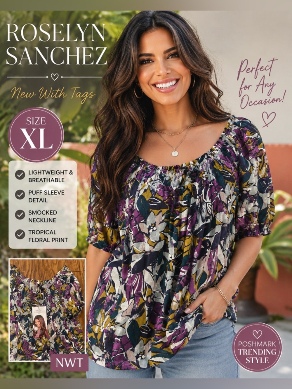 Roselyn Sánchez Floral Peasant Boho Top XL‎ NWT Puff Sleeve Tropical